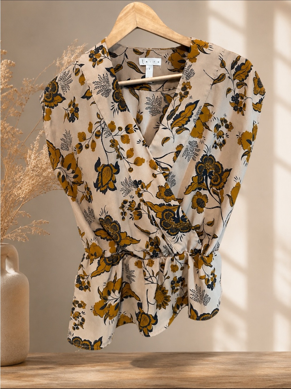 Leith Cream Floral Wrap Top with Mustard, cream and Black floral